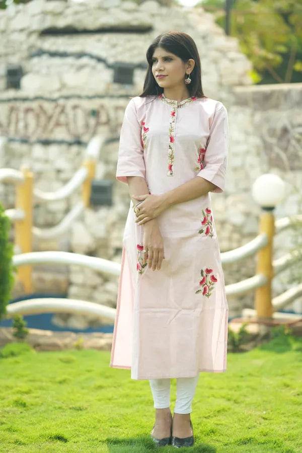 Pink Organic Cotton Hand Embroidered Kurta - CandiRobes