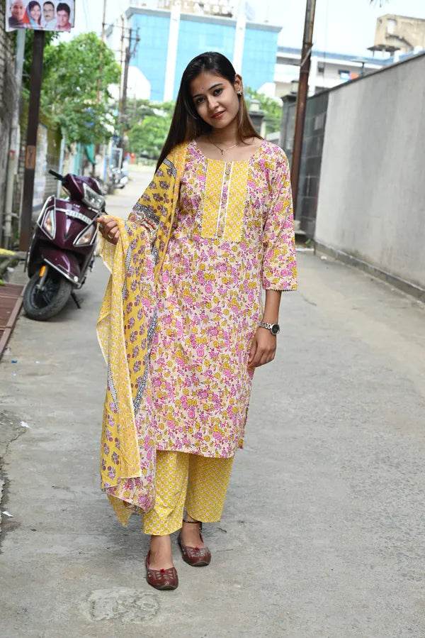 Yellow pink kurti pant dupatta set - CandiRobes