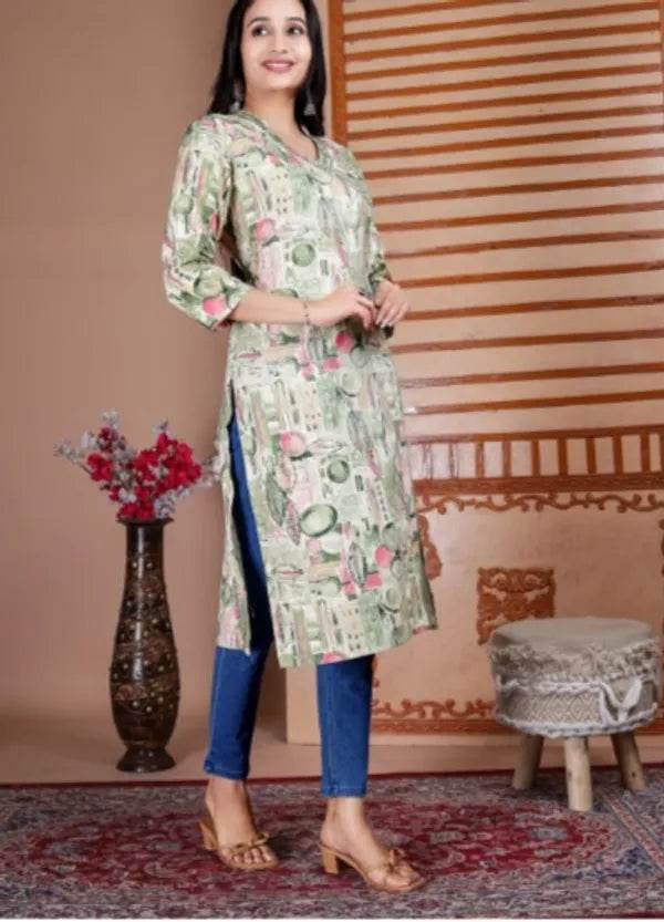 Green Angrakha Style Cotton Regular Kurti For Women - CandiRobes
