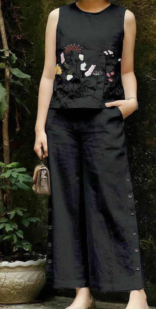 Black Cotton Embroidered Top And Pant For Women - CandiRobes