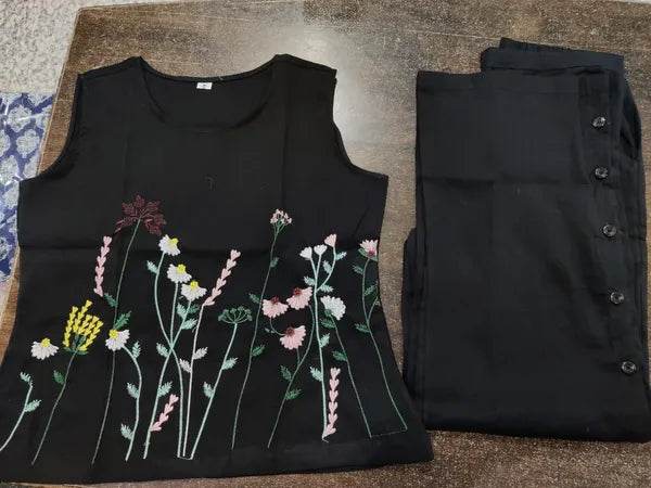 Black Cotton Embroidered Top And Pant For Women - CandiRobes