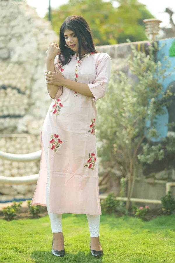 Pink Organic Cotton Hand Embroidered Kurta - CandiRobes