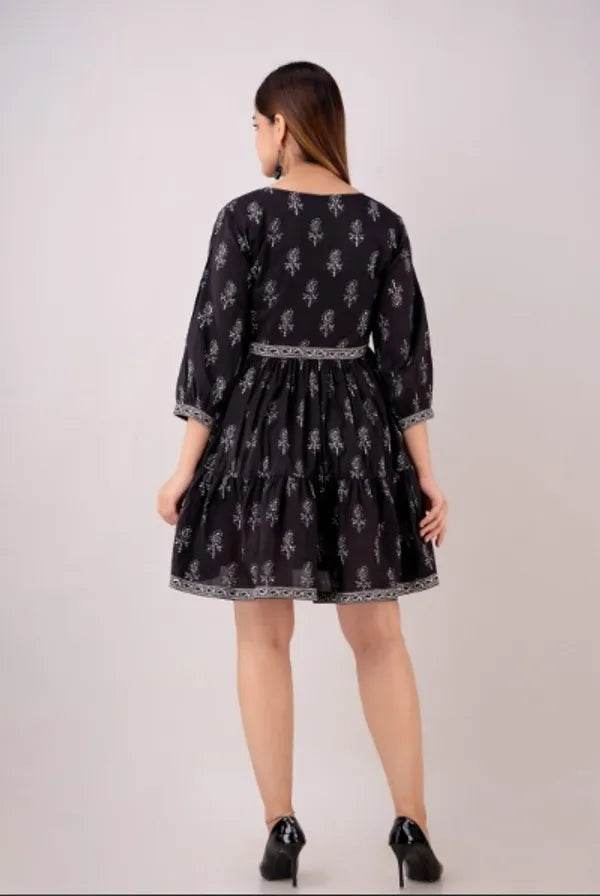 Black Block Print Pure Cotton Jaipuri Style Flare Tunic For Women - CandiRobes