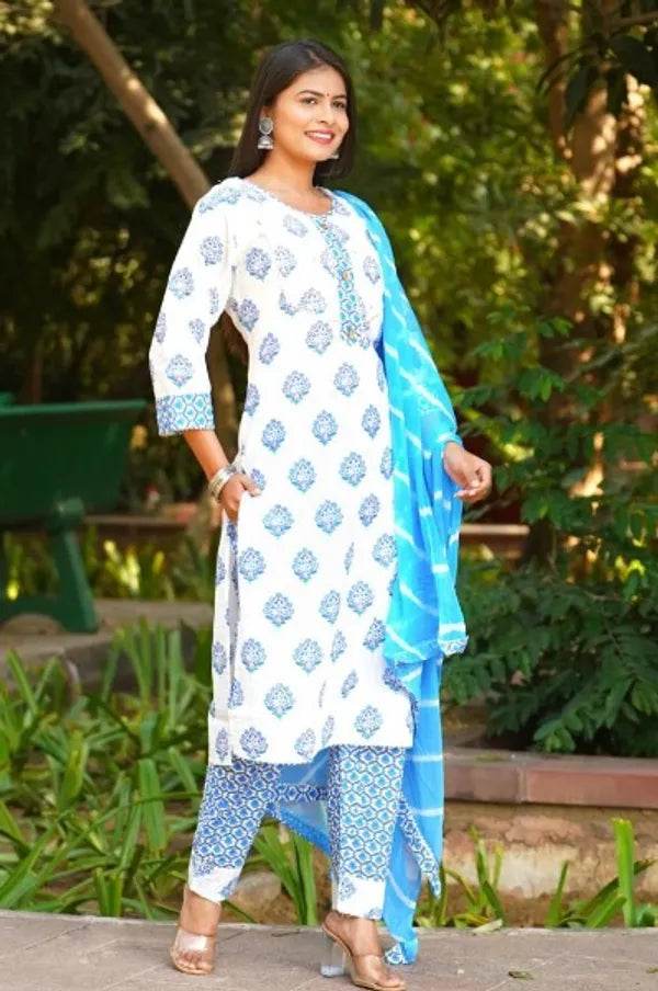 Blue And White Jaipuri Pure Cotton Kurti Pant Dupatta Set - CandiRobes