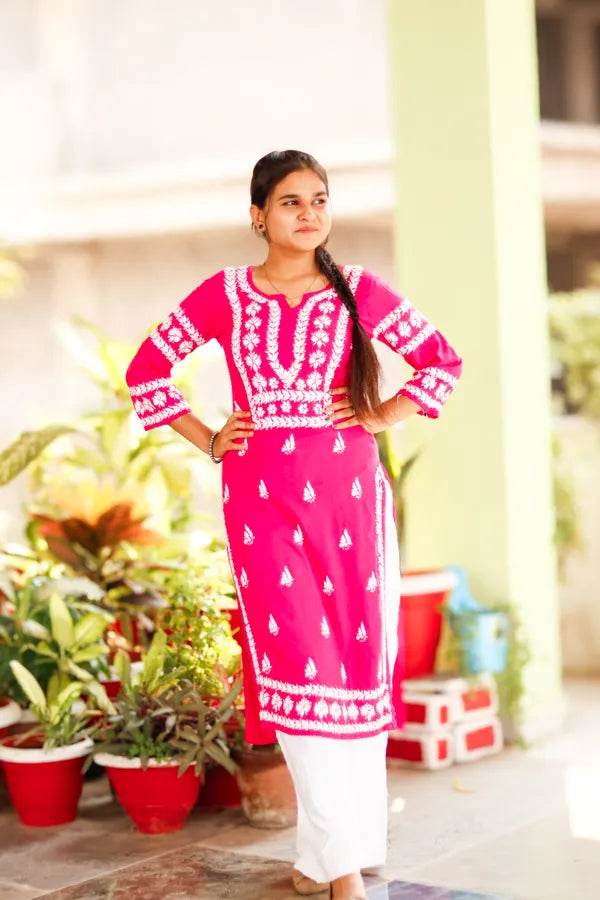 Pink Heavy Rayon Cotton White Chikankari Embroidered Kurti For Women - CandiRobes