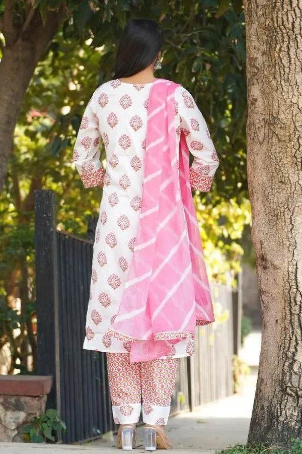 White & Pink Women Printed A-Line Kurta pant dupatta - CandiRobes