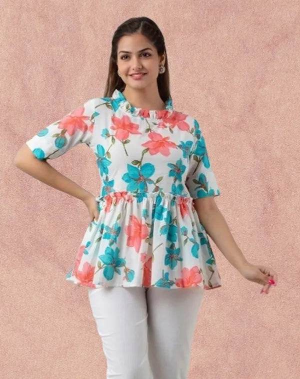 White Floral Print Cotton Top For Women - CandiRobes