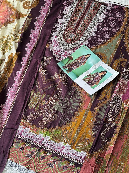 Wine Floral Embroidered Unstitched Lawn Suit Set