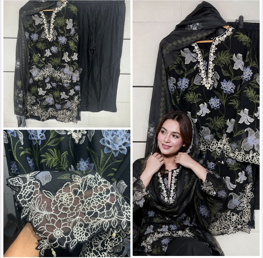 Premium Cutwork Floral Suit Set β Black Orchid