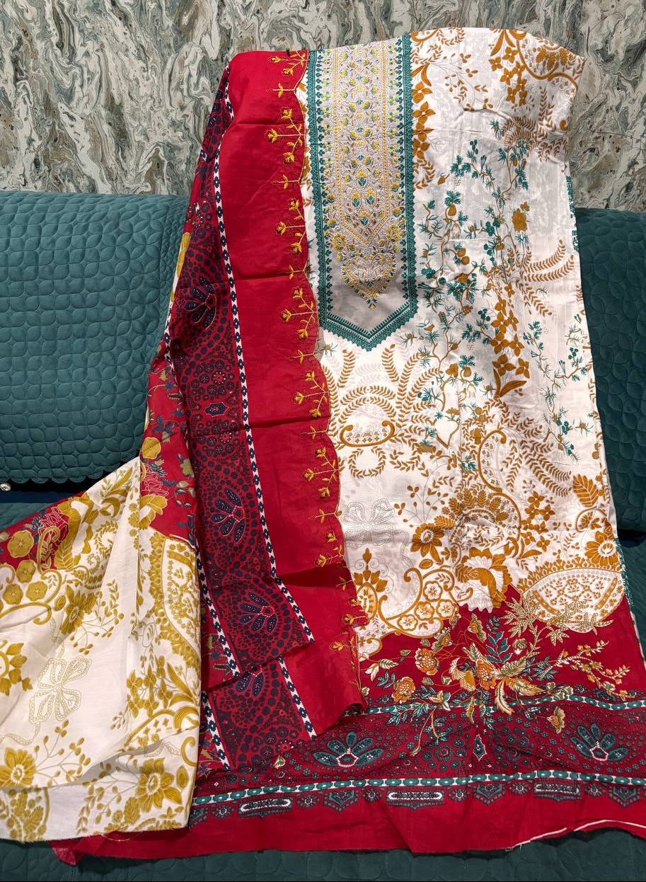 Gulnaar red Unstitched Suit
