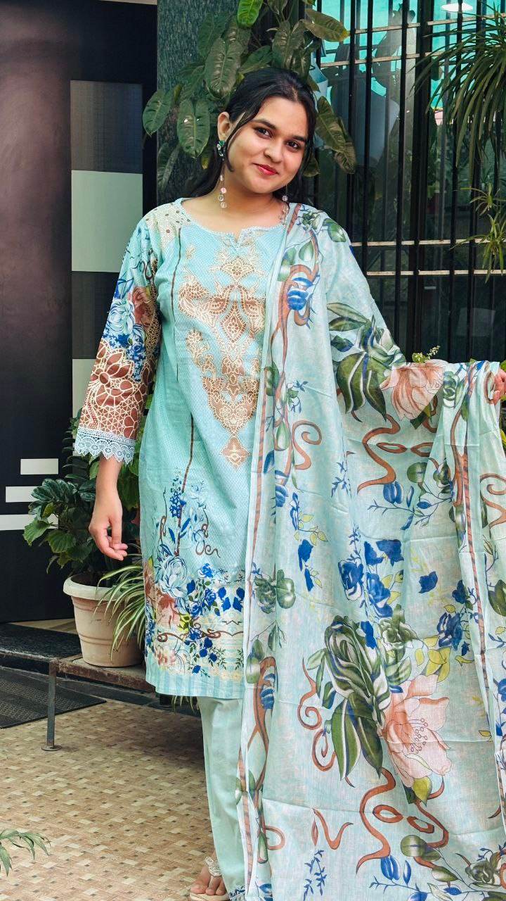Sky Serenity digital print kurti pant dupatta set - CandiRobes