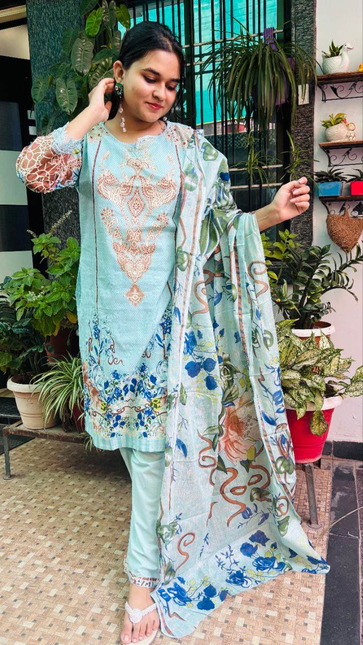 Sky Serenity digital print kurti pant dupatta set - CandiRobes