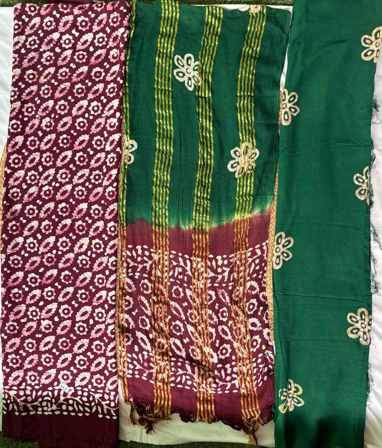 Cotton Unstitched Bandhani Suit Set – Maroon Kurti with Green Bottom & Dupatta