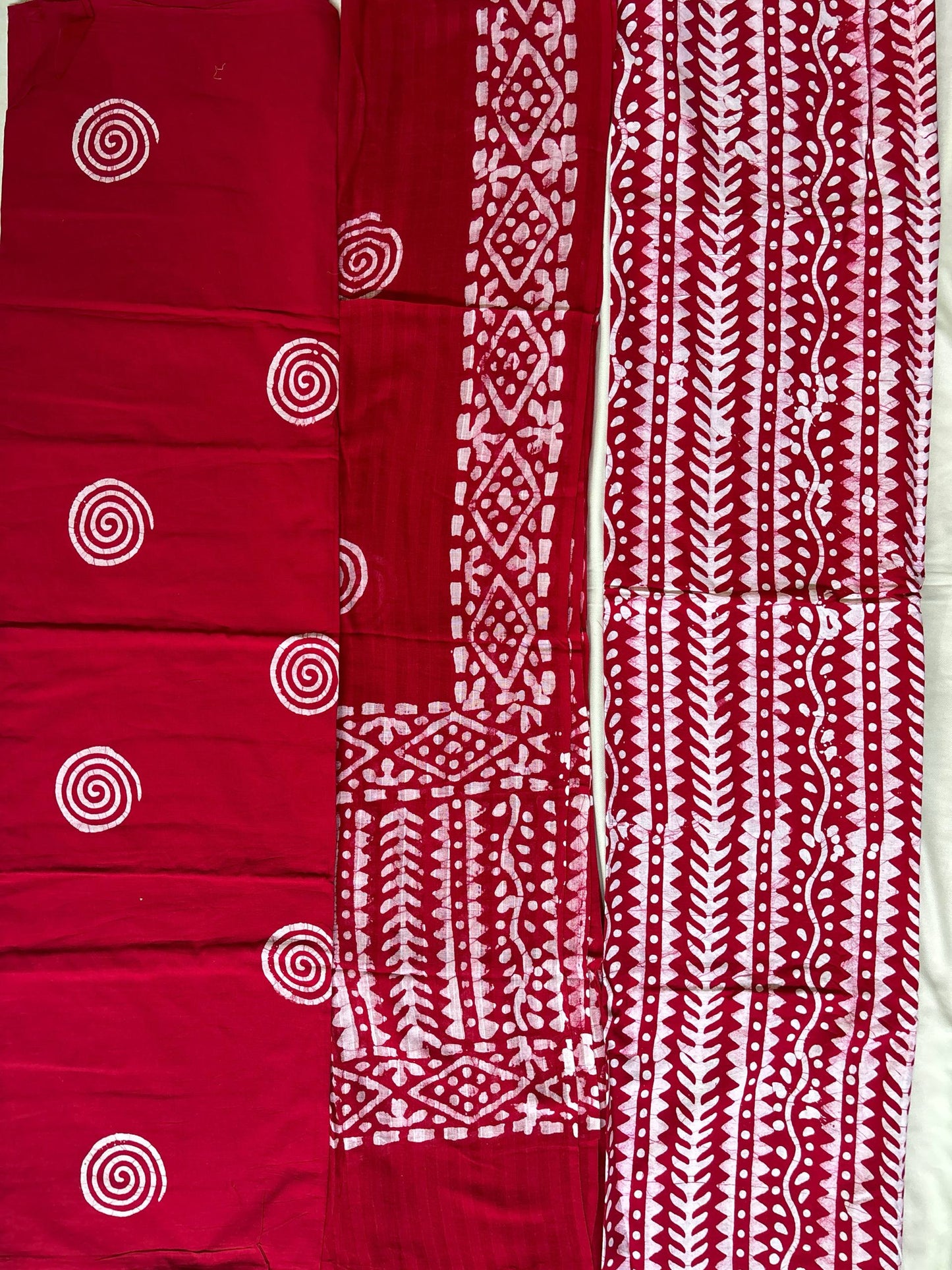 Cotton Printed Unstitched Suit Set – Red Ethnic Stripe Design Kurti with Dupatta & Bottom