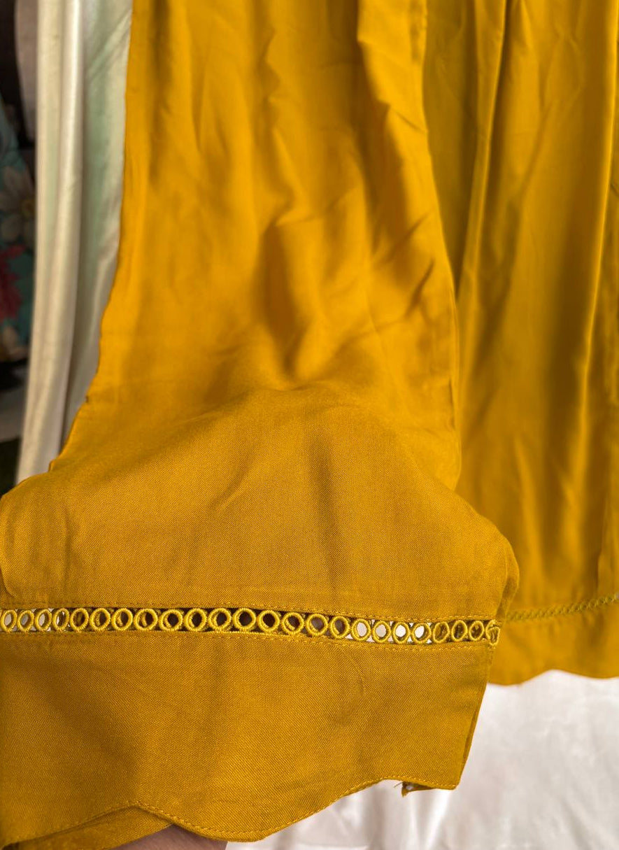 Mustard Yellow Embroidered Kurti Pant Set with Dupatta for Women