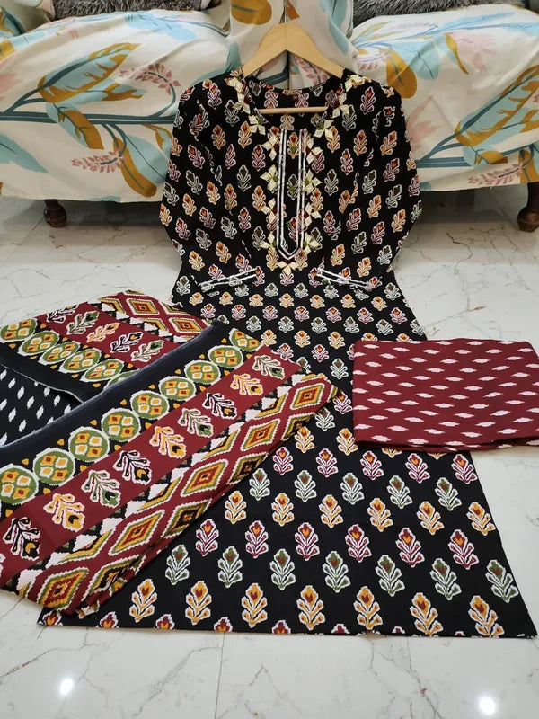 Red And Black Pure Cotton Kurti Pant Dupatta Set For Women