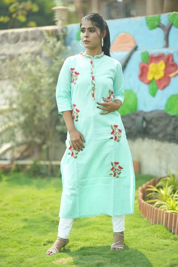 Light Green Organic Cotton Hand Embroidered Kurti - CandiRobes