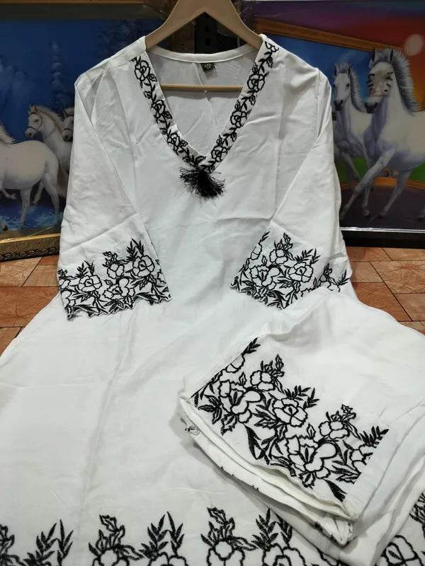 White Stylish Embroidered Rayon Cotton Co-Ord Set - CandiRobes