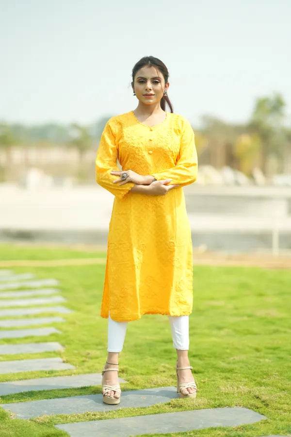 Yellow Pure Cotton Chikankari Embroidered Kurta For Women - CandiRobes