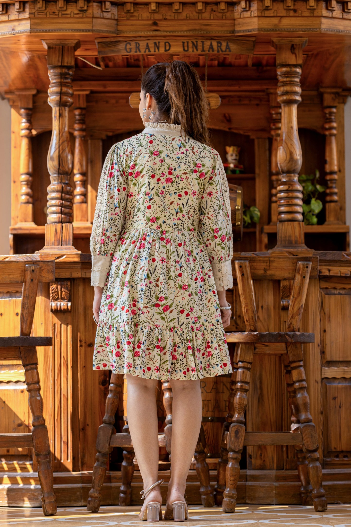Cream Floral Printed Mal Mal Cotton Embroidered Tunic