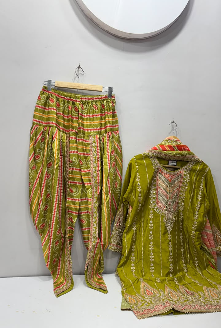 Olive Green Heavy Embroidered Dhoti Kurti Set