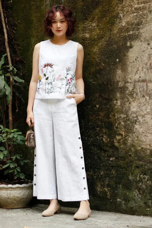 White Cotton Embroidered Top And Pant For Women