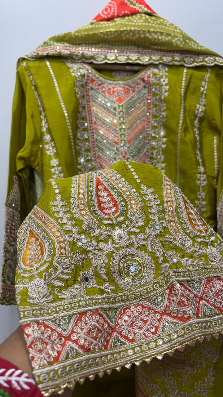 Olive Green Heavy Embroidered Dhoti Kurti Set