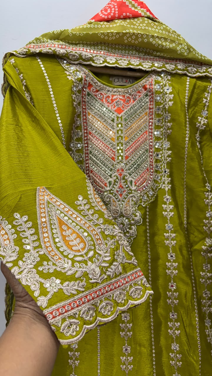 Olive Green Heavy Embroidered Dhoti Kurti Set