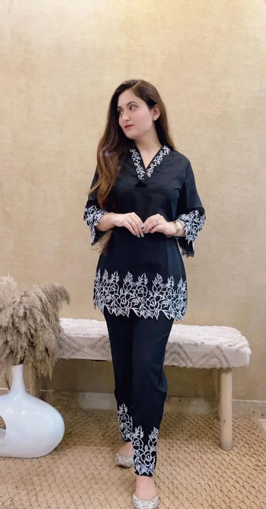 Black Embroidered Cotton Co-Ord Set For Women