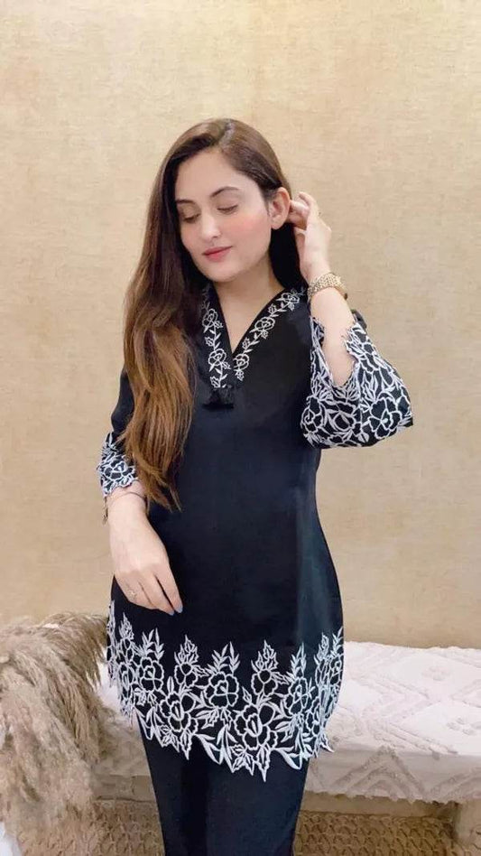 Black Embroidered Cotton Co-Ord Set For Women - CandiRobes