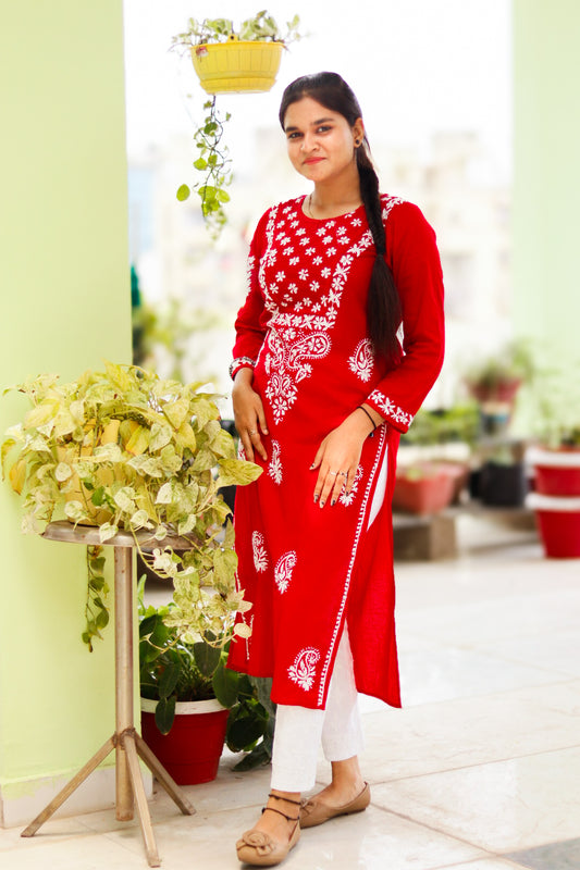 Red Pure Cotton Chikankari  Hand Embroidered Kurta For Women