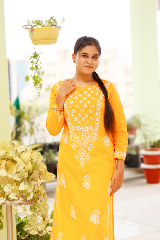 Mustard Yellow Cotton Chikankari Kurti For Women