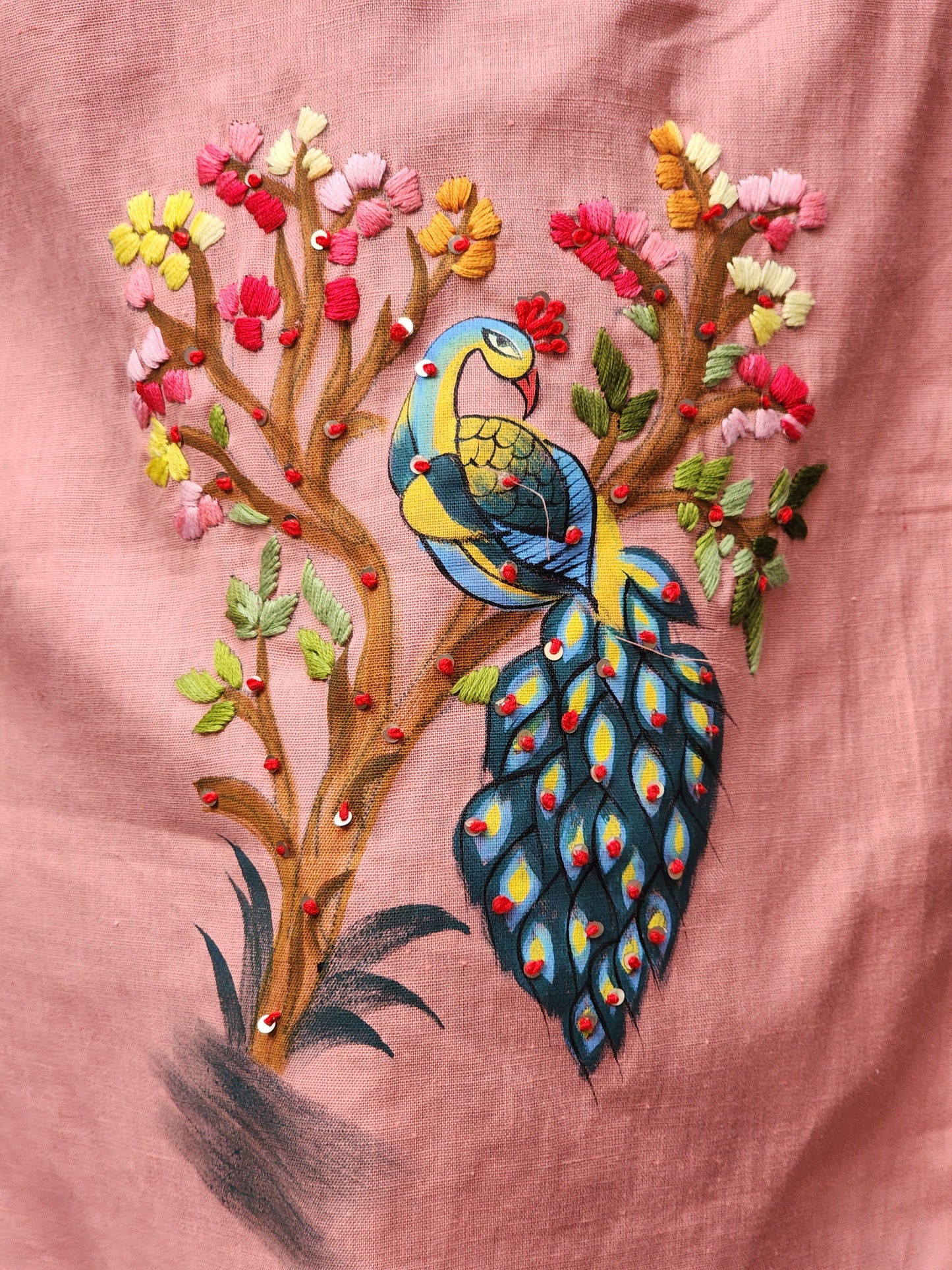 Organic Cotton Peach  Hand-Painted Embroidery Kurti for Women