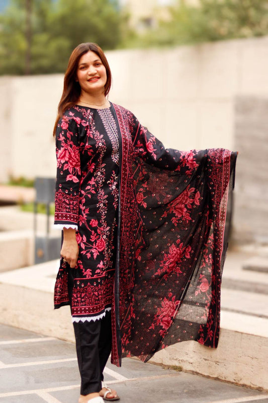 Gulab Noir Digital printed cotton kurta pant dupatta set - CandiRobes