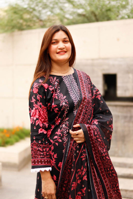 Gulab Noir Digital printed cotton kurta pant dupatta set - CandiRobes