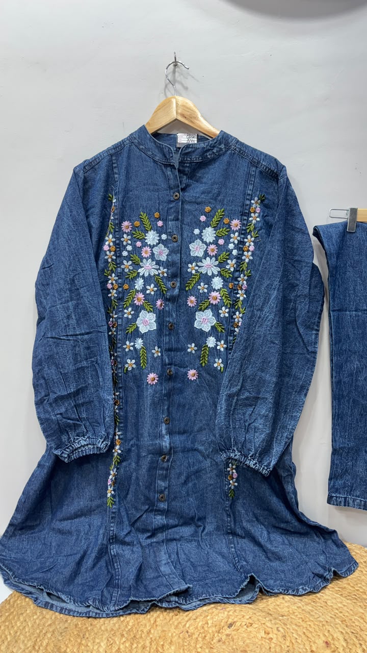 Blue Floral Embroidery Denim Co-Ord Set