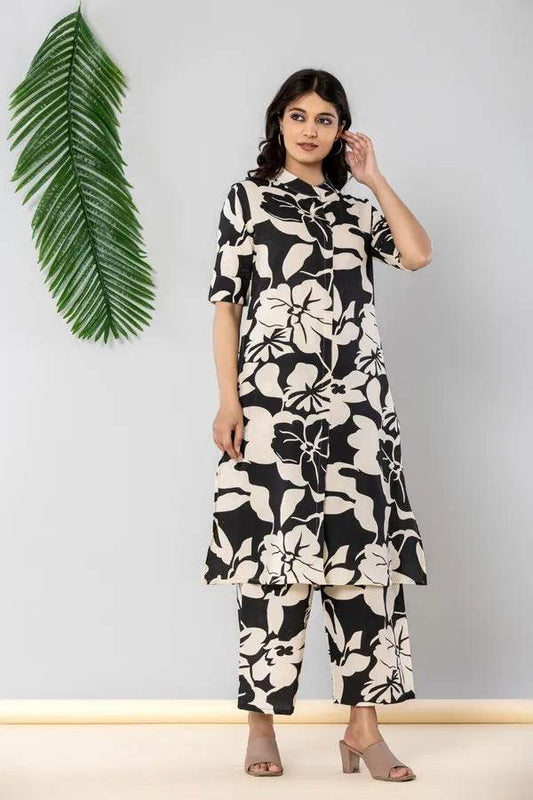 Black and white flex khadi cotton kurti pant set for women cotton - CandiRobes