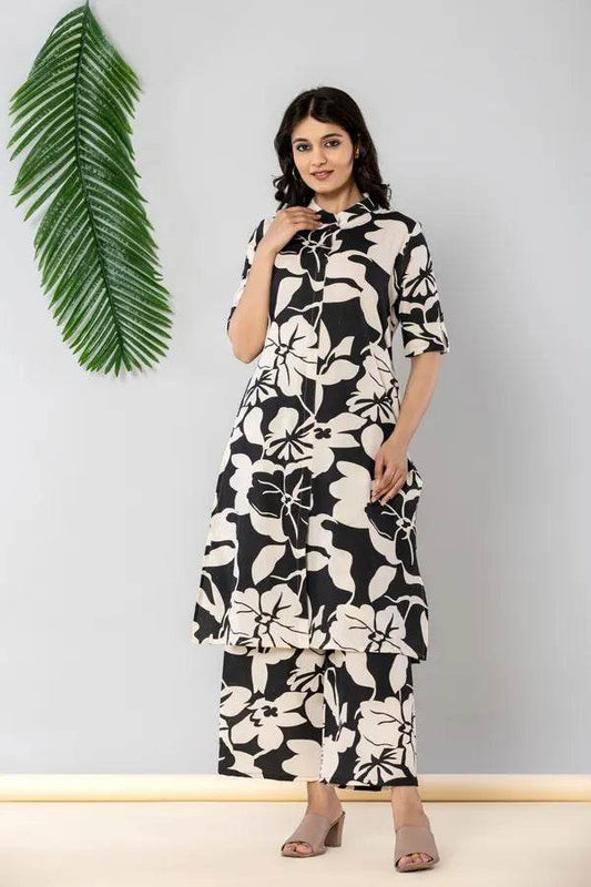 Black and white flex khadi cotton kurti pant set for women cotton - CandiRobes