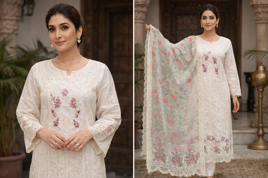 White Chikankari Kurti with Habuta Print Kota Doria Dupatta Unstitched Set