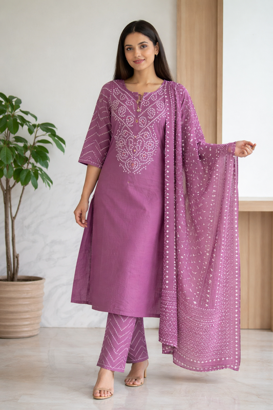Mauve Cotton Bandhani Kurti Pant Dupatta Set with Pocket
