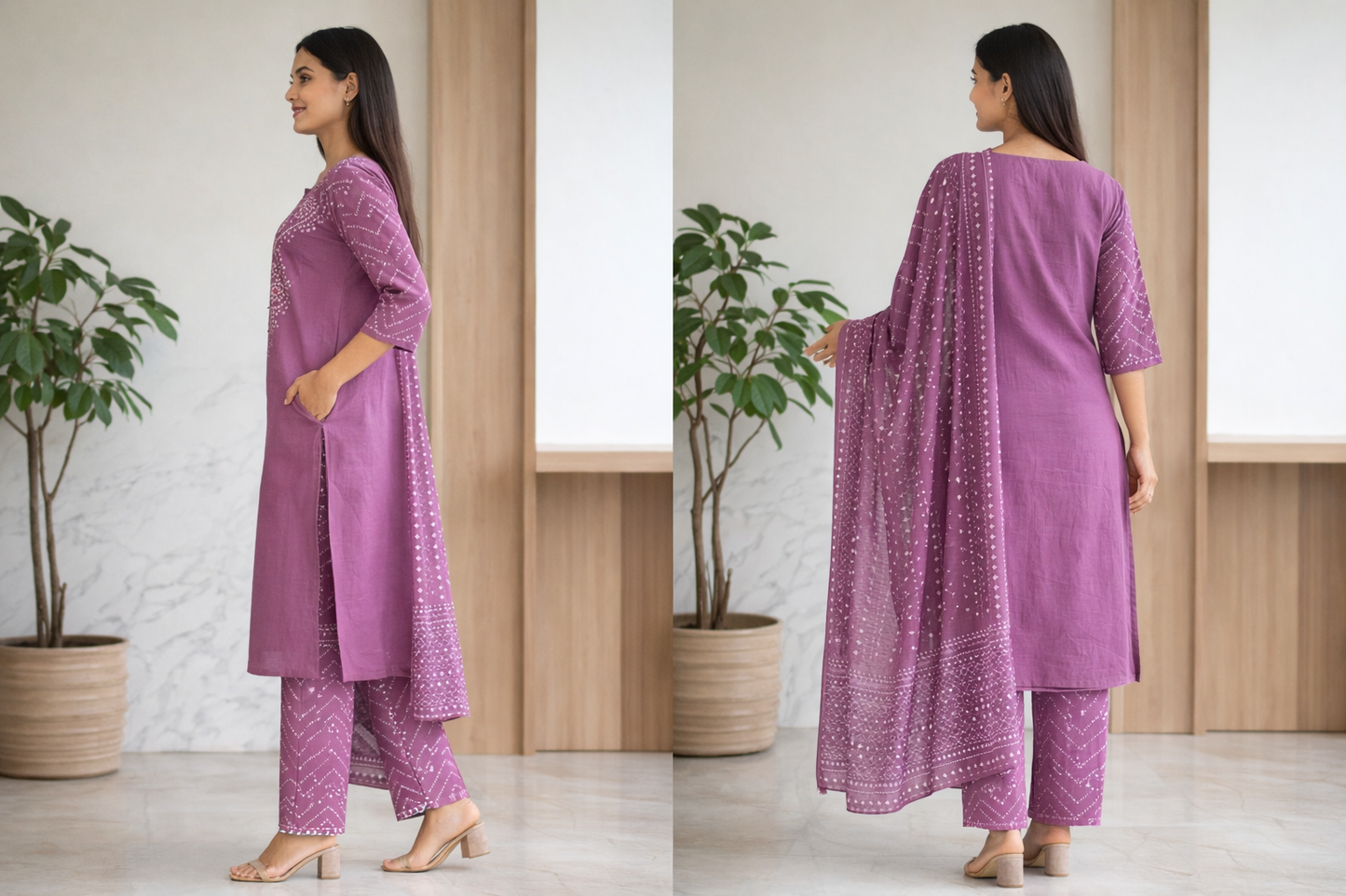 Mauve Cotton Bandhani Kurti Pant Dupatta Set with Pocket