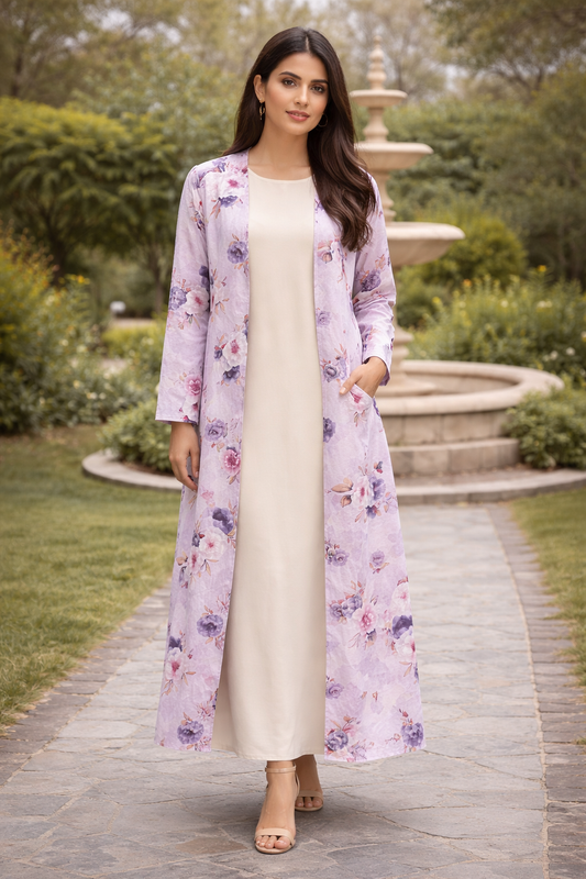 Maxi Gown with Lavender Floral Long Shrug