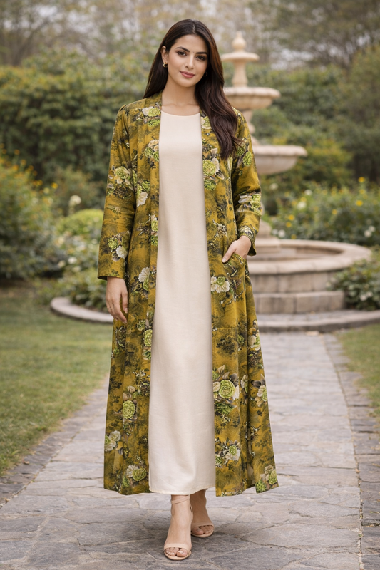 Maxi Gown with Mustard Floral Long Shrug