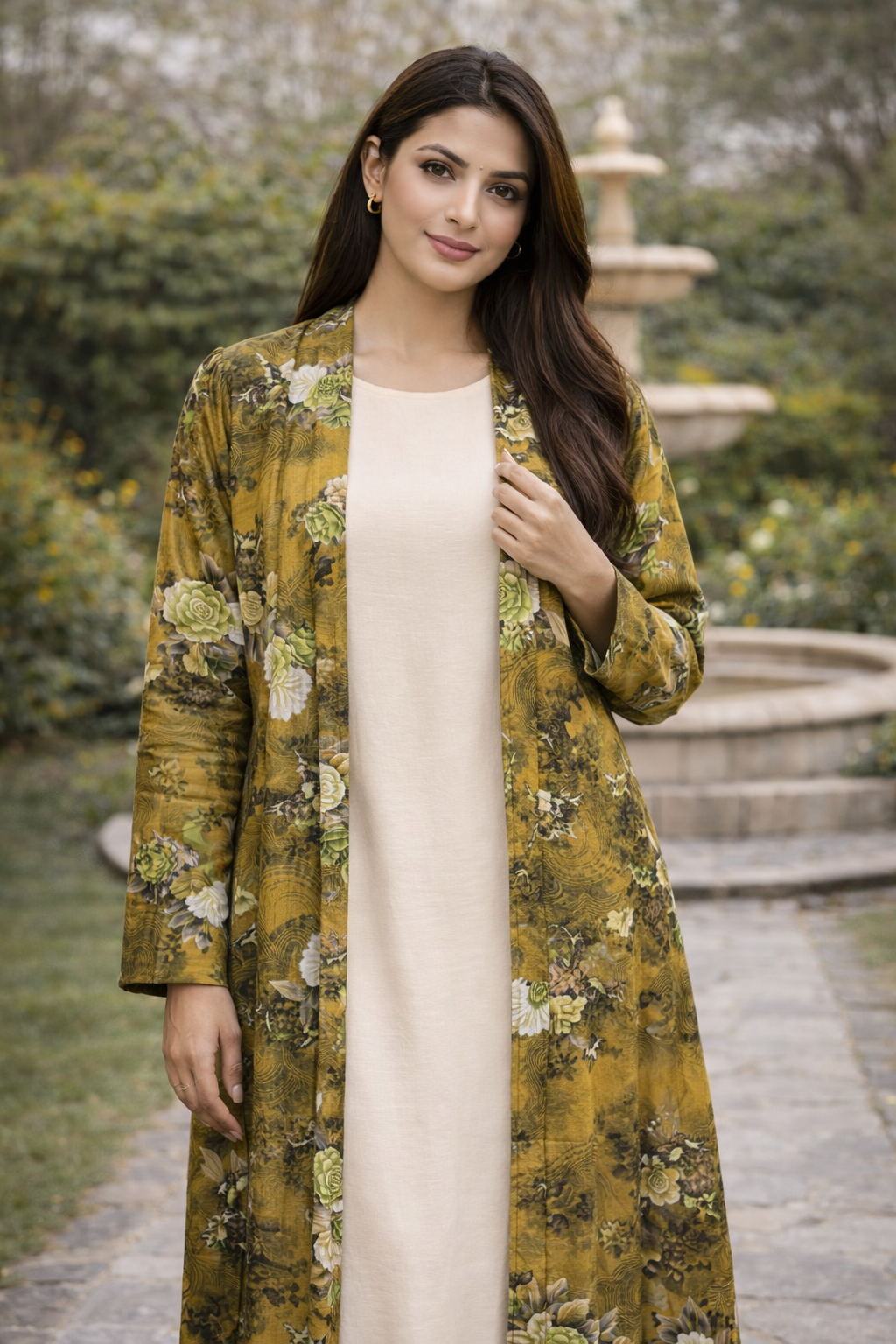 Maxi Gown with Mustard Floral Long Shrug