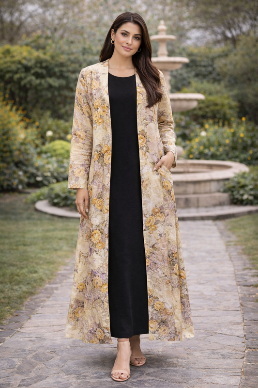 Maxi Gown with Beige Floral Long Shrug
