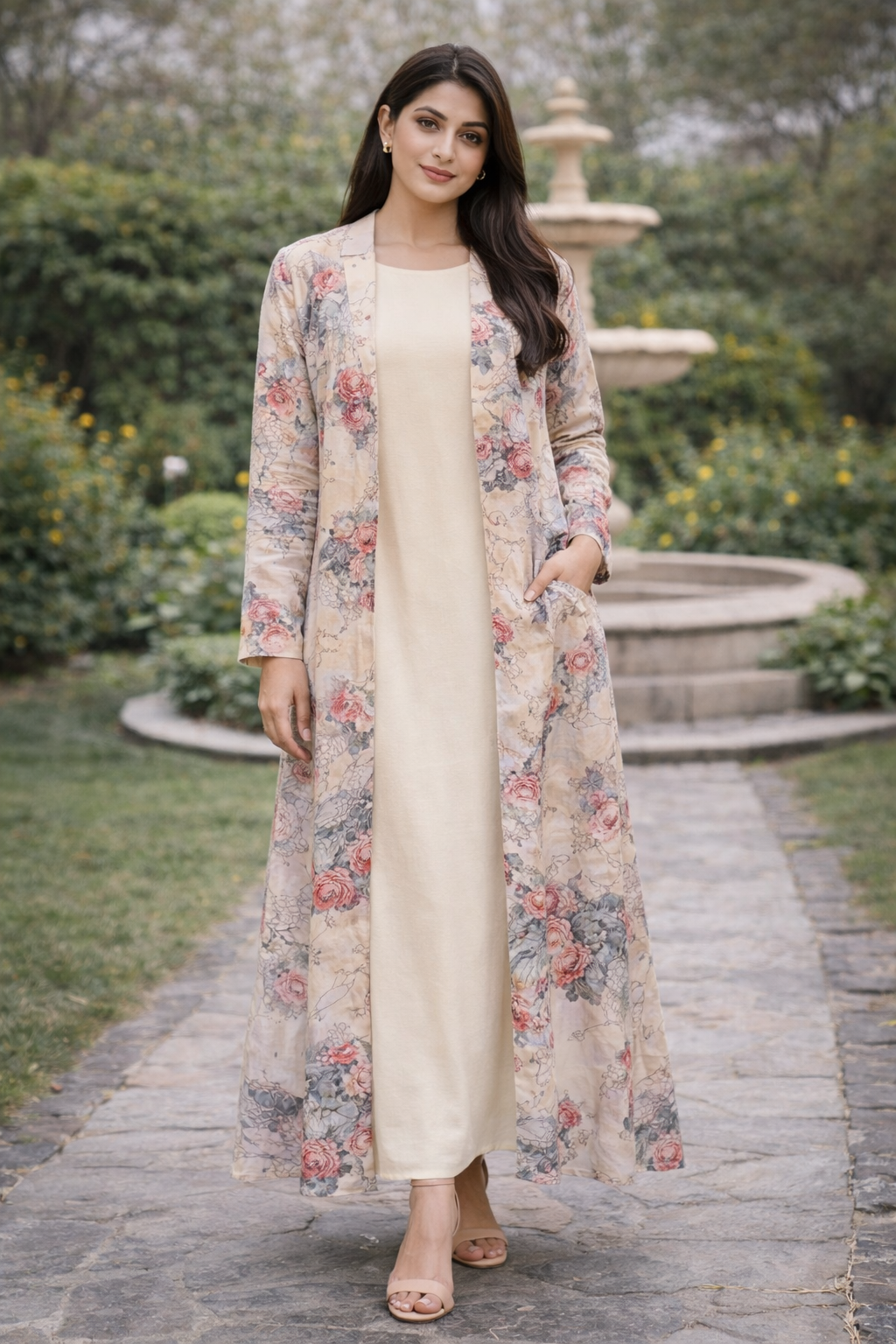 Maxi Gown with Rose Floral Long Shrug