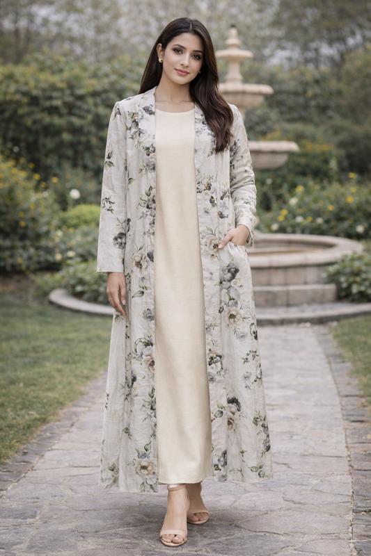 Maxi Gown with White Floral Long Shrug