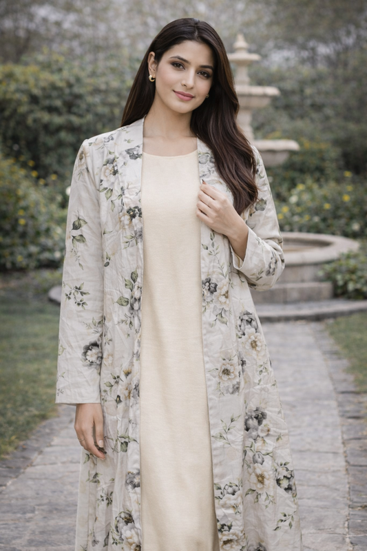 Maxi Gown with White Floral Long Shrug