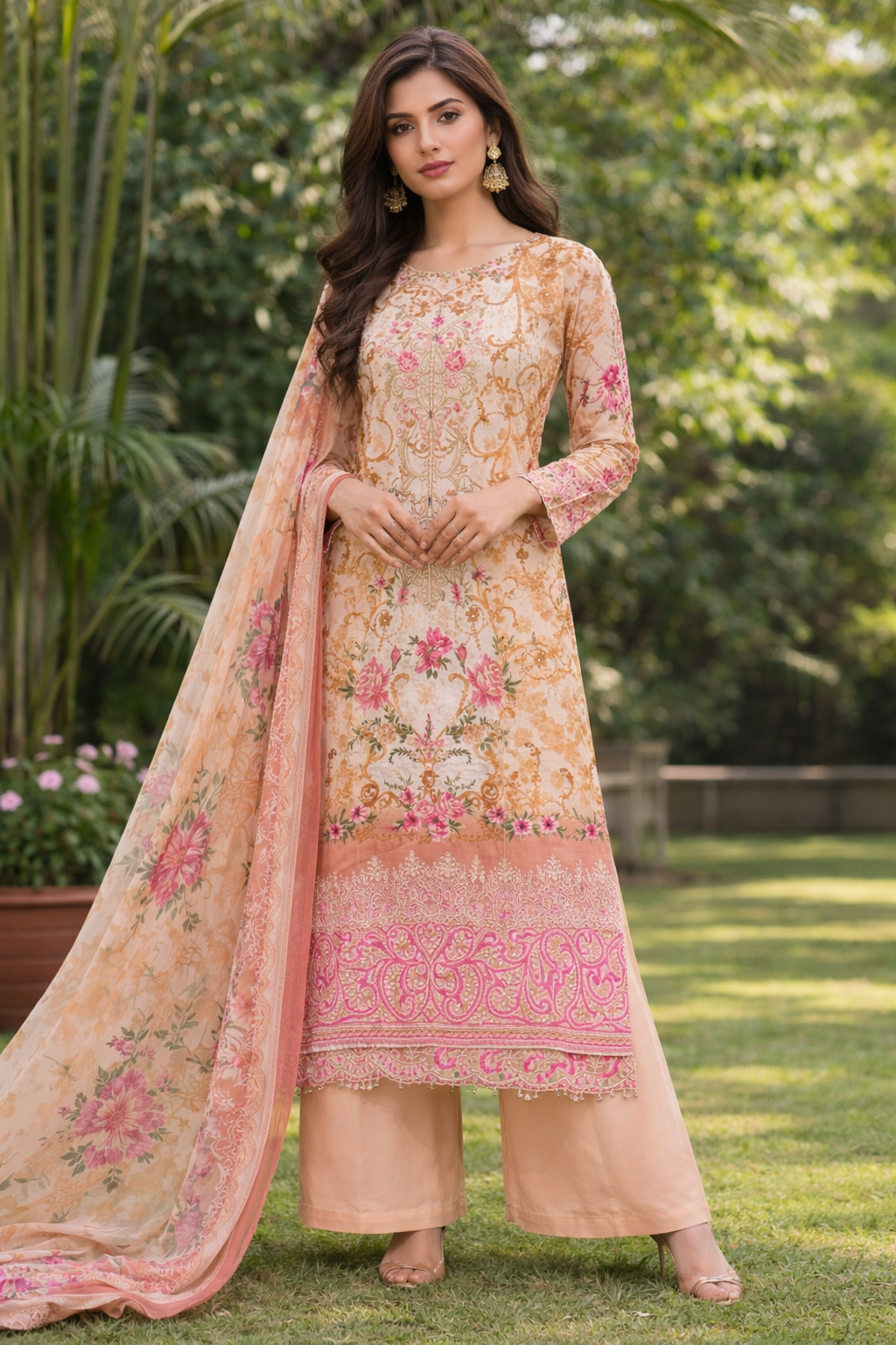 Peach Floral Embroidered Cotton Suit with Dupatta