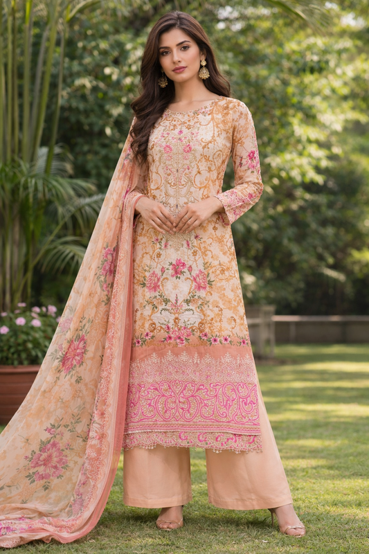 Peach Floral Embroidered Cotton Suit with Dupatta